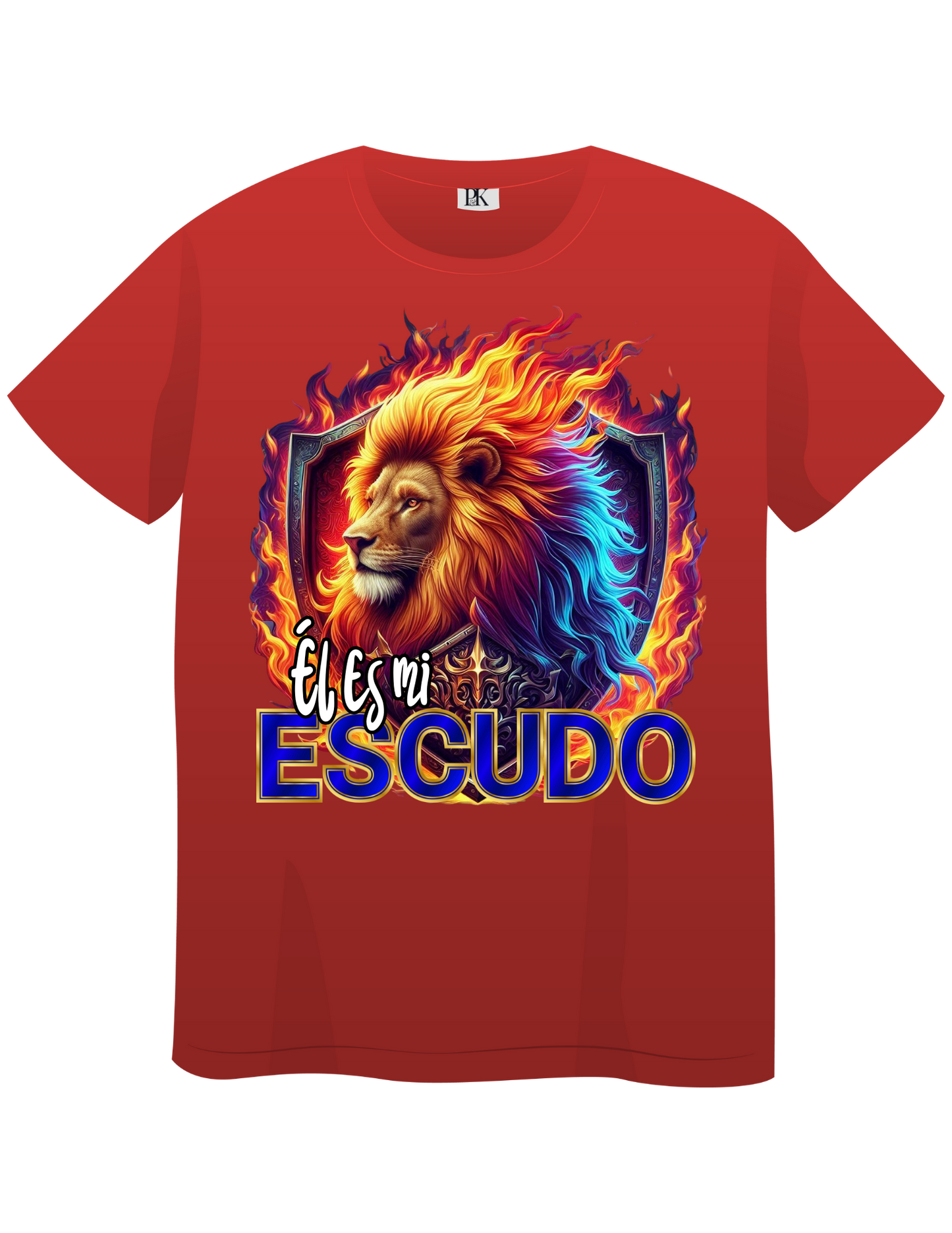 Lion with Fire and Shield – Christian T-Shirt with Spanish Text “Él es mi escudo” | Faith & Protection Design