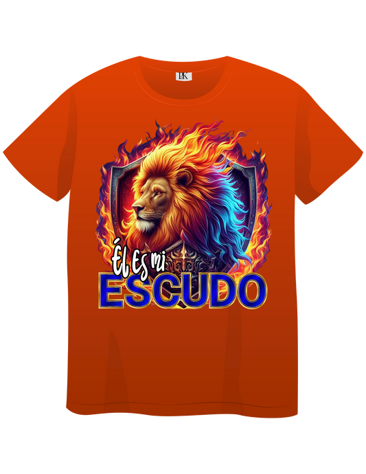 Lion with Fire and Shield – Christian T-Shirt with Spanish Text “Él es mi escudo” | Faith & Protection Design