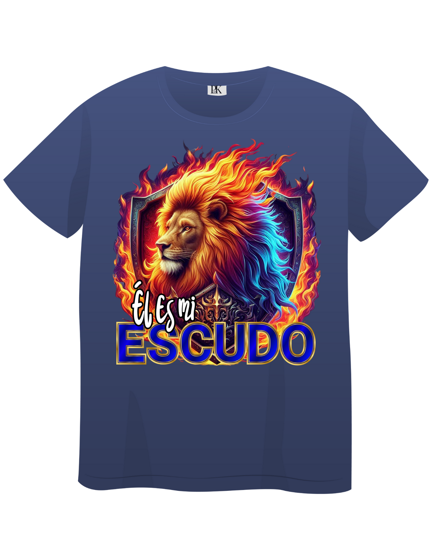 Lion with Fire and Shield – Christian T-Shirt with Spanish Text “Él es mi escudo” | Faith & Protection Design