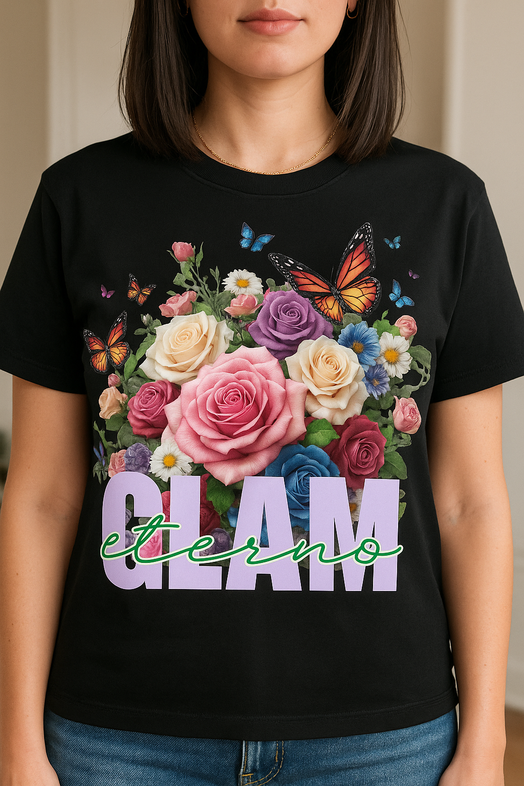 Olam Eterno T-Shirt – Christian Tee with Floral & Butterfly Design (Spanish Text)