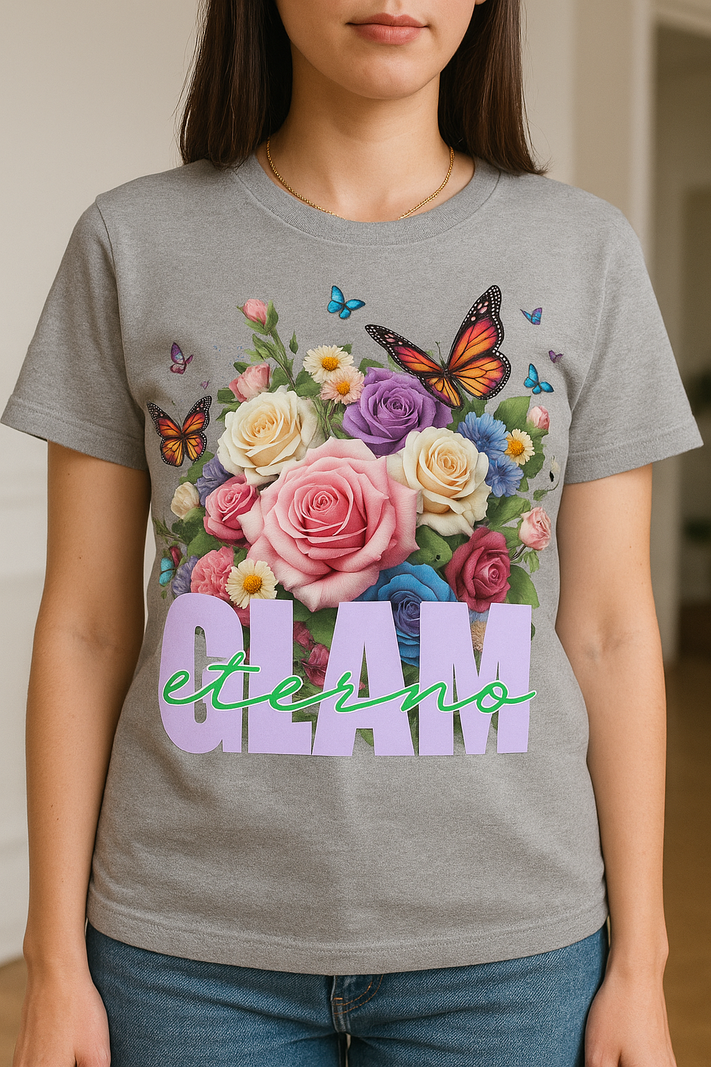 Olam Eterno T-Shirt – Christian Tee with Floral & Butterfly Design (Spanish Text)