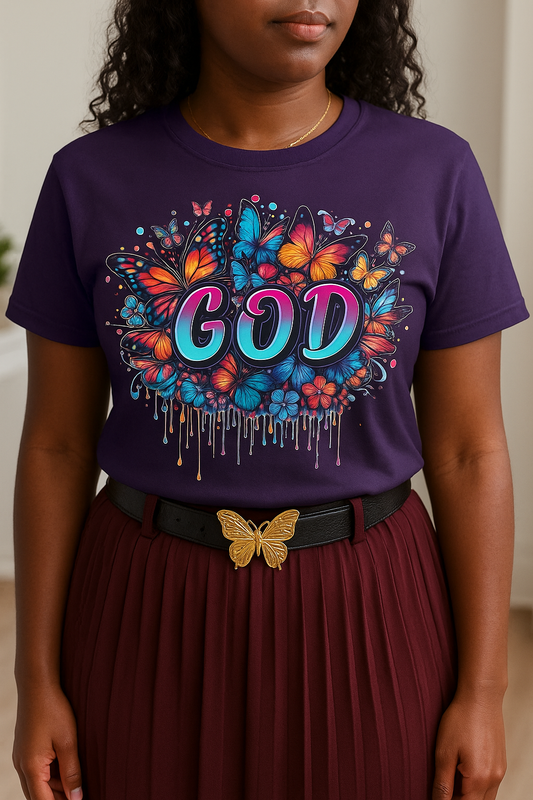 Colorful God T-Shirt for Women – Christian Tee with Butterflies & Floral Design