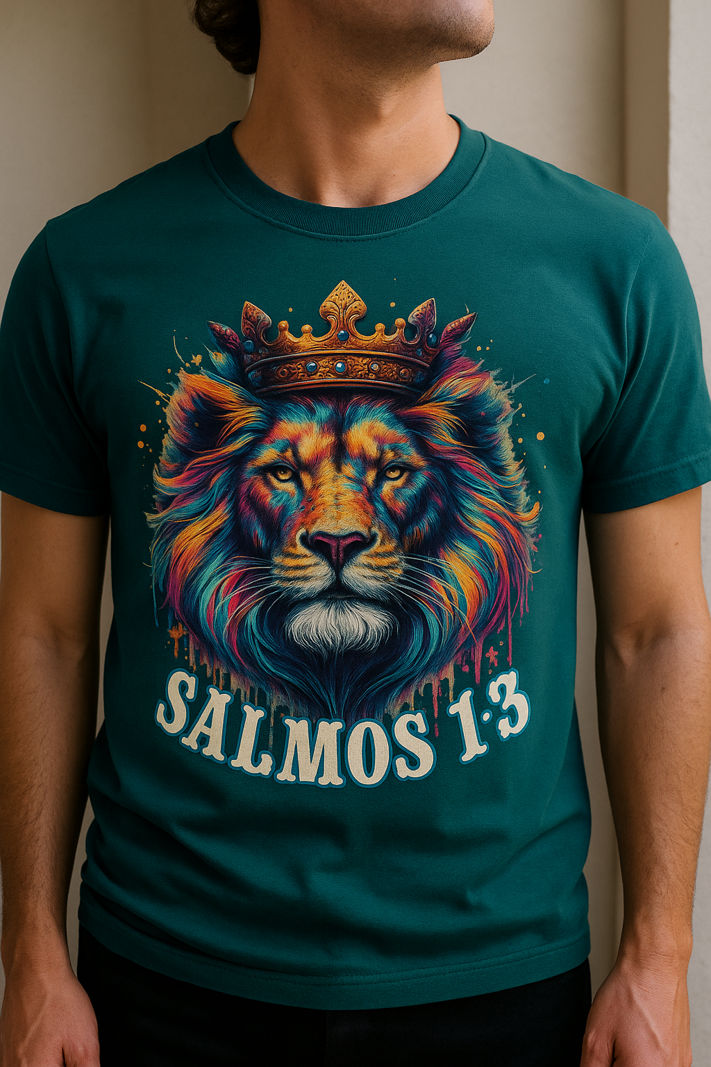Psalm 1:3 Colorful Lion T-Shirt – Christian Faith Tee with Bold Scripture Spanish Design
